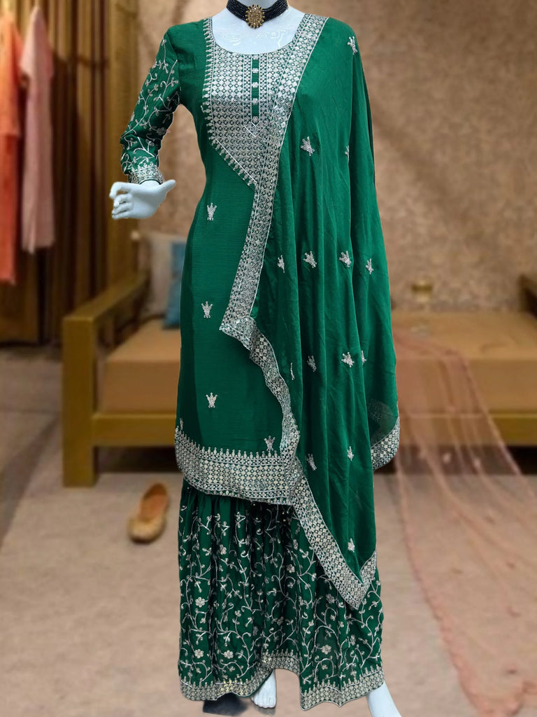 Incredible Green Sequins Chinon Mehendi Wear Sharara Suit With Dupatta