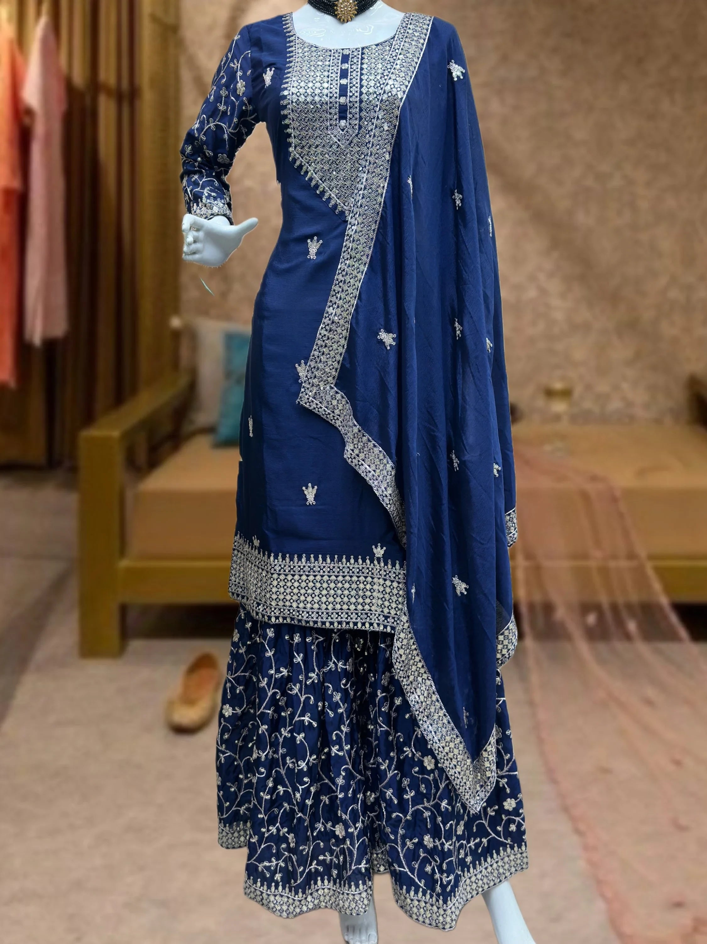 Captivating Navy Blue Sequins Chinon Traditional Sharara Suit With Dupatta