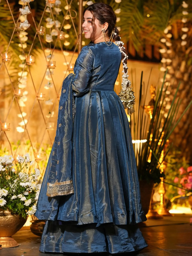 Wonderful Teal Blue Sequins Chinon Festival Wear Salwar Kameez