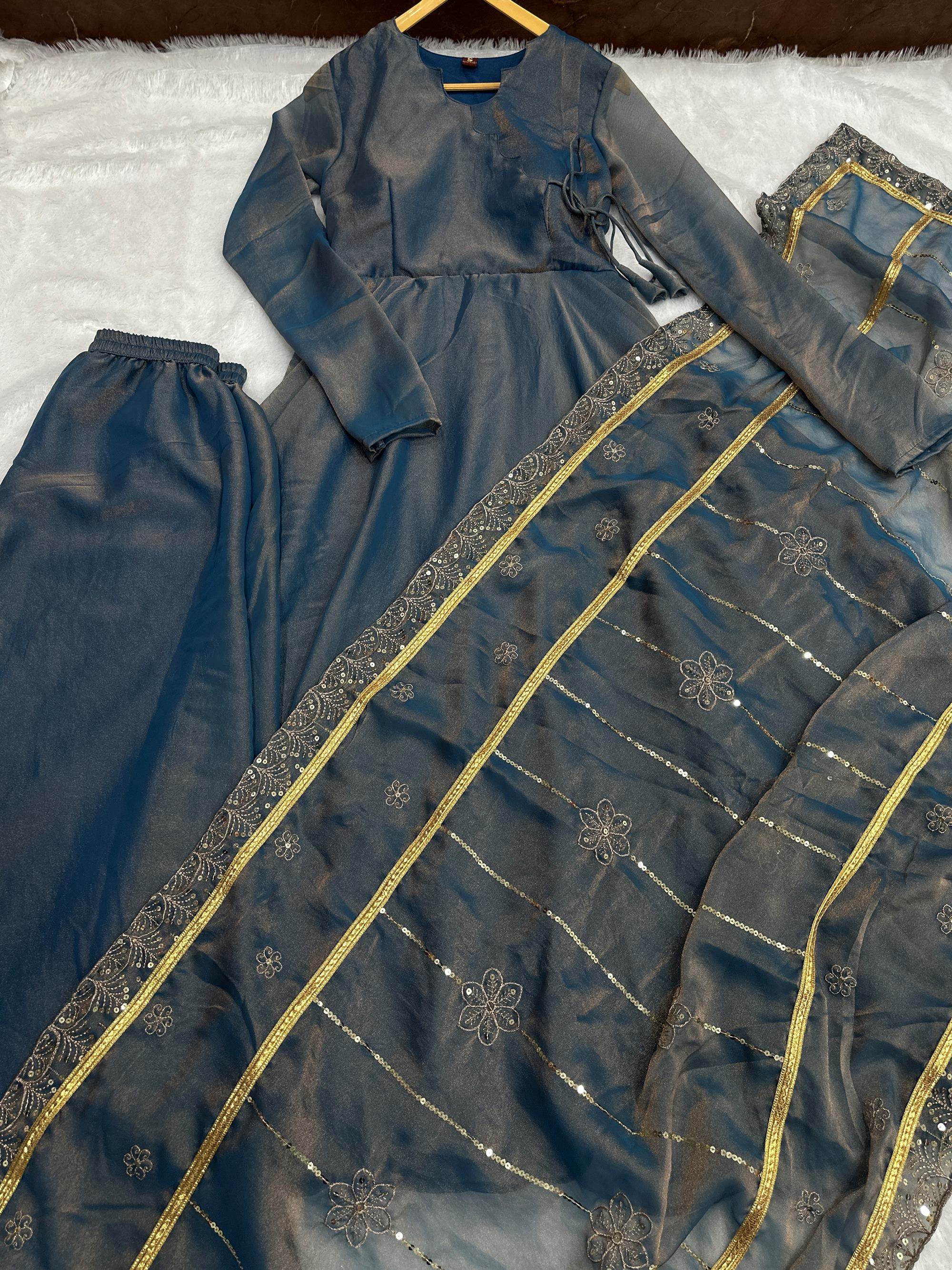 Wonderful Teal Blue Sequins Chinon Festival Wear Salwar Kameez