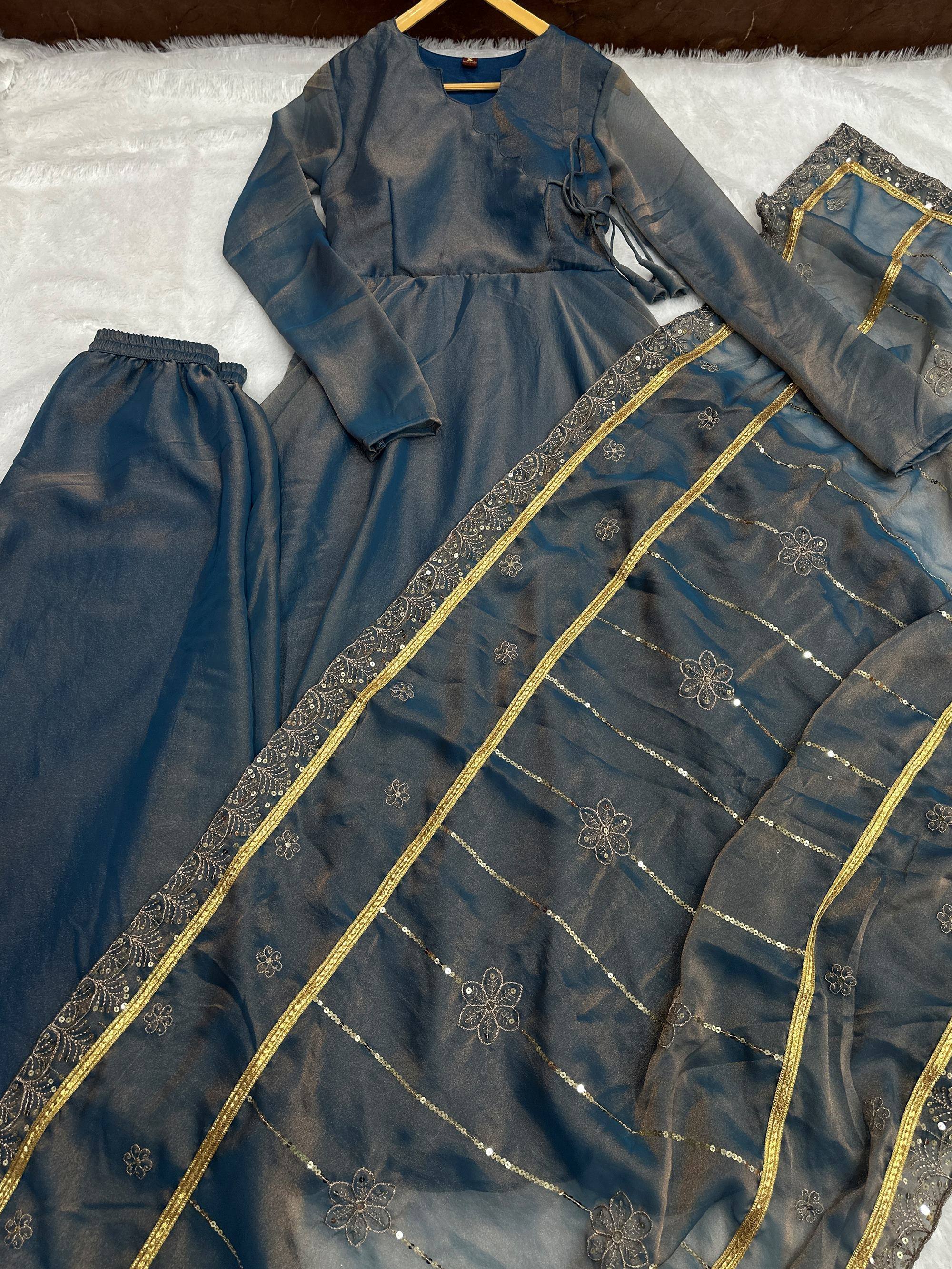 Wonderful Teal Blue Sequins Chinon Festival Wear Salwar Kameez