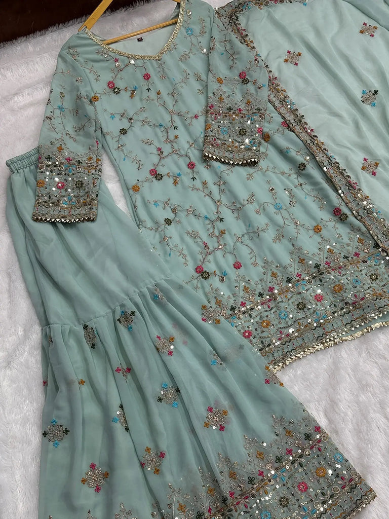 Enchanting Blue Embroidered Georgette Festive Wear Sharara Suit