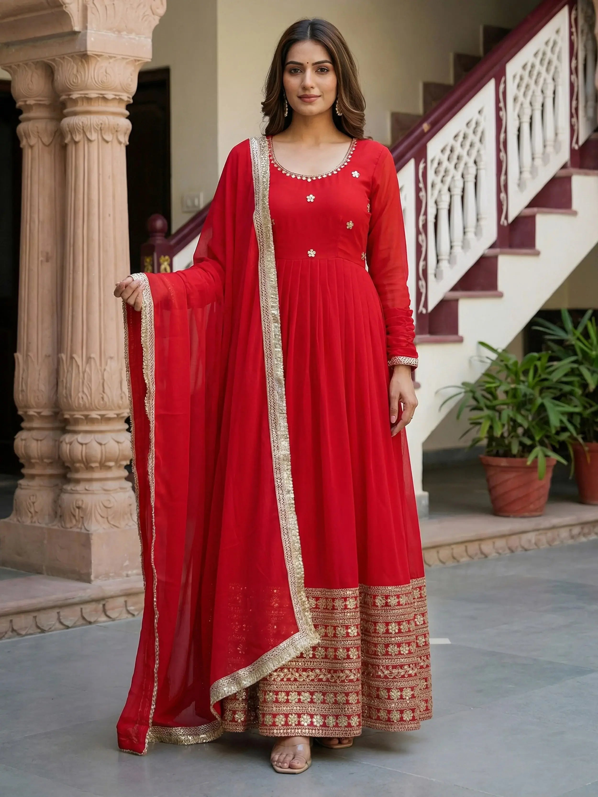 Gorgeous Red Embroidered Georgette Wedding Wear Gown With Dupatta