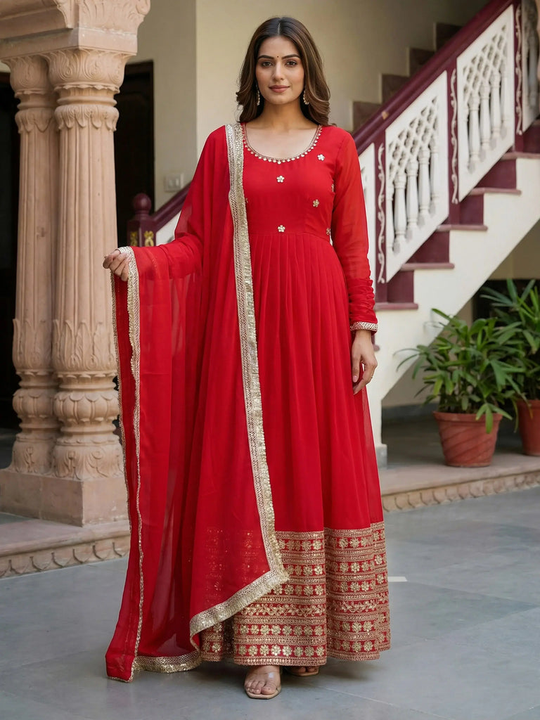 Gorgeous Red Embroidered Georgette Wedding Wear Gown With Dupatta