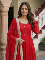 Gorgeous Red Embroidered Georgette Wedding Wear Gown With Dupatta
