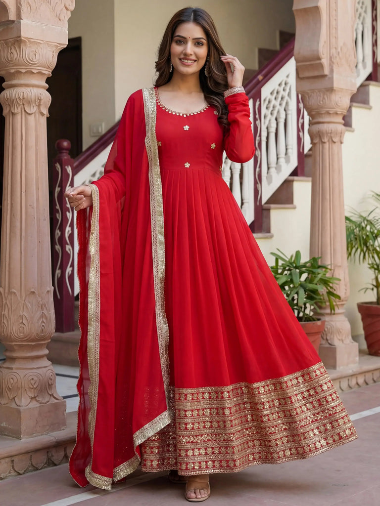 Gorgeous Red Embroidered Georgette Wedding Wear Gown With Dupatta