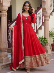 Gorgeous Red Embroidered Georgette Wedding Wear Gown With Dupatta