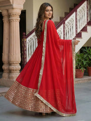 Gorgeous Red Embroidered Georgette Wedding Wear Gown With Dupatta