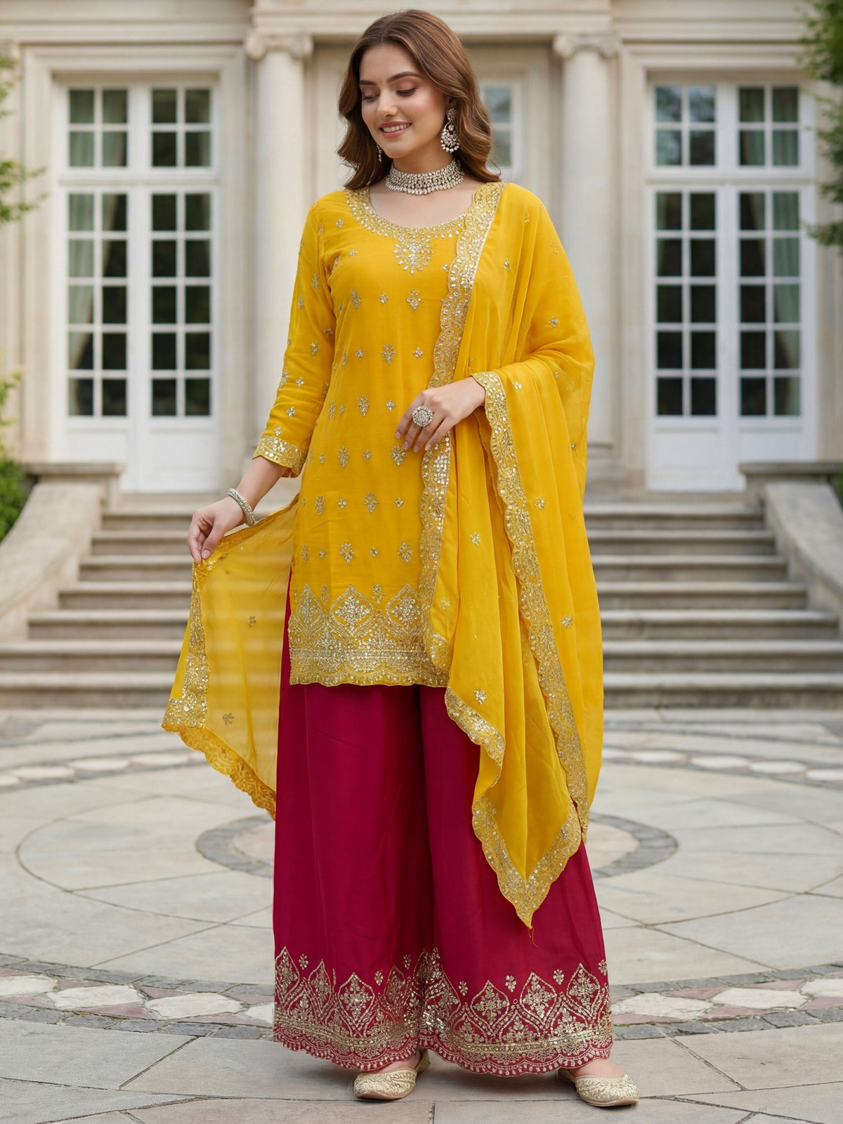 Elegant Yellow Embroidered Chinon Festival Wear Palazzo Suit