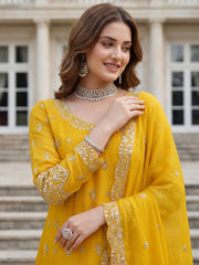Elegant Yellow Embroidered Chinon Festival Wear Palazzo Suit