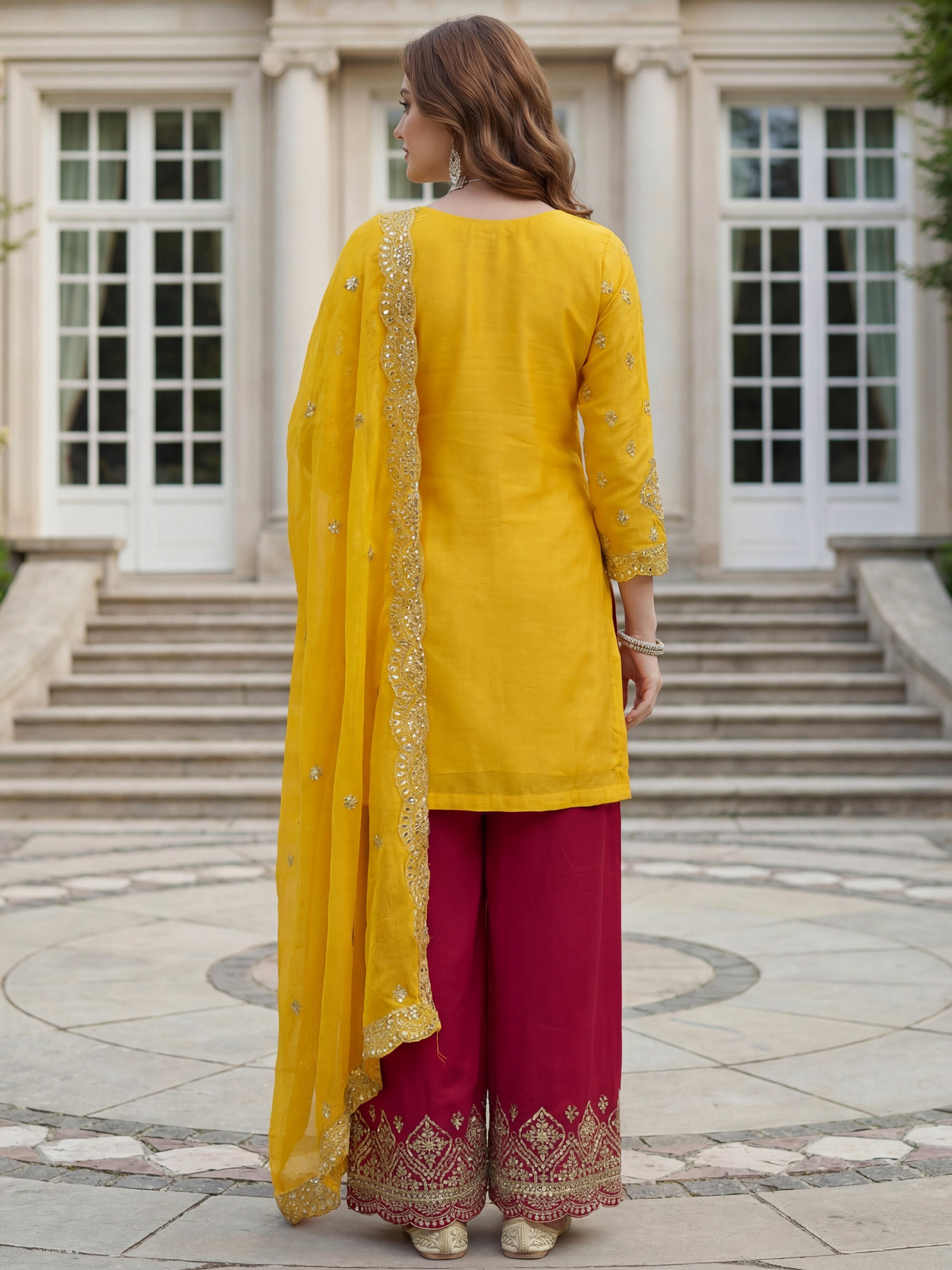 Elegant Yellow Embroidered Chinon Festival Wear Palazzo Suit