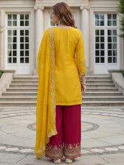 Elegant Yellow Embroidered Chinon Festival Wear Palazzo Suit