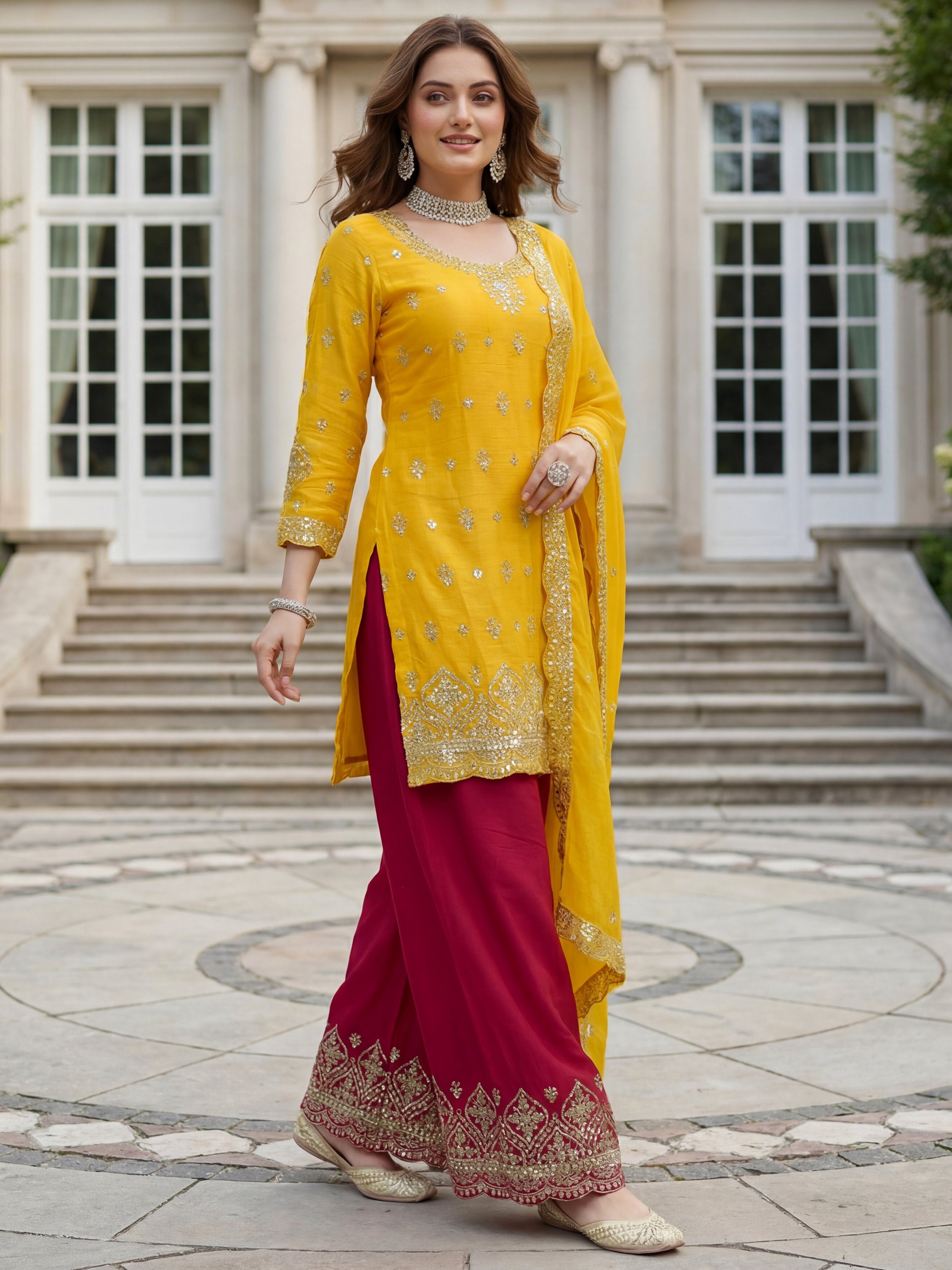 Elegant Yellow Embroidered Chinon Festival Wear Palazzo Suit