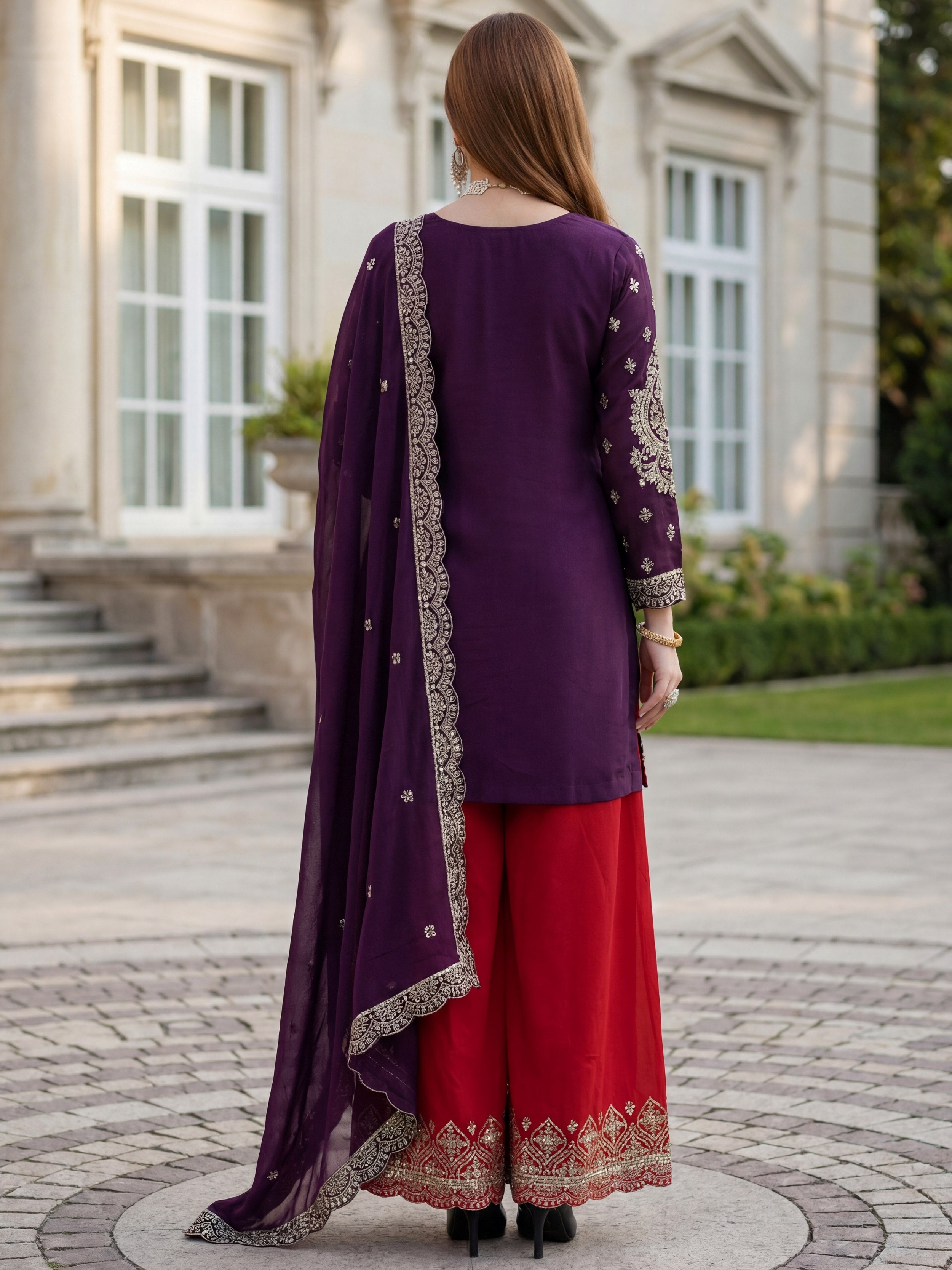 Beautiful Purple Embroidered Chinon Wedding Wear Palazzo Suit