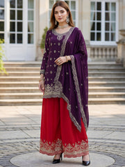 Beautiful Purple Embroidered Chinon Wedding Wear Palazzo Suit