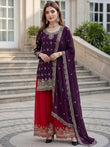 Beautiful Purple Embroidered Chinon Wedding Wear Palazzo Suit