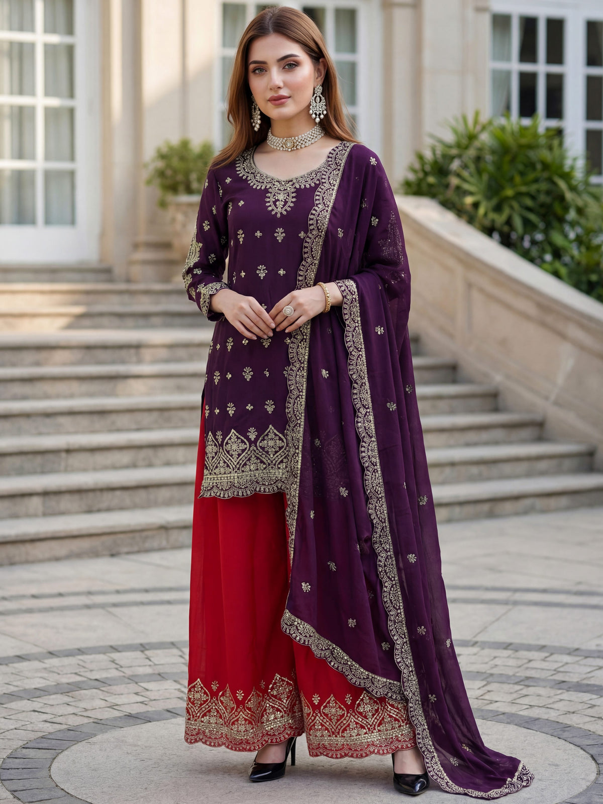 Beautiful Purple Embroidered Chinon Wedding Wear Palazzo Suit