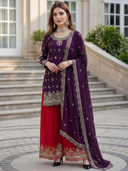 Beautiful Purple Embroidered Chinon Wedding Wear Palazzo Suit