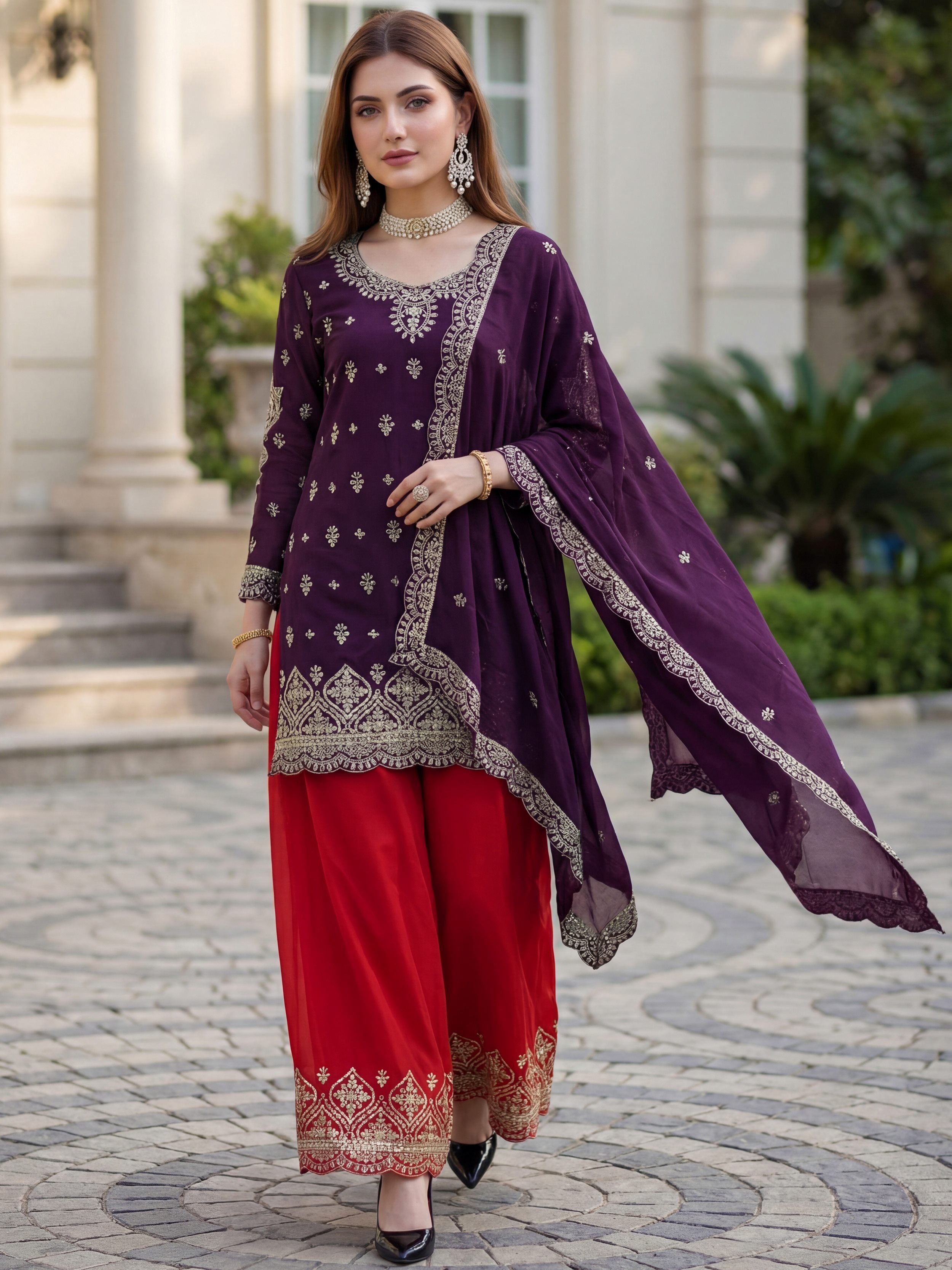 Beautiful Purple Embroidered Chinon Wedding Wear Palazzo Suit