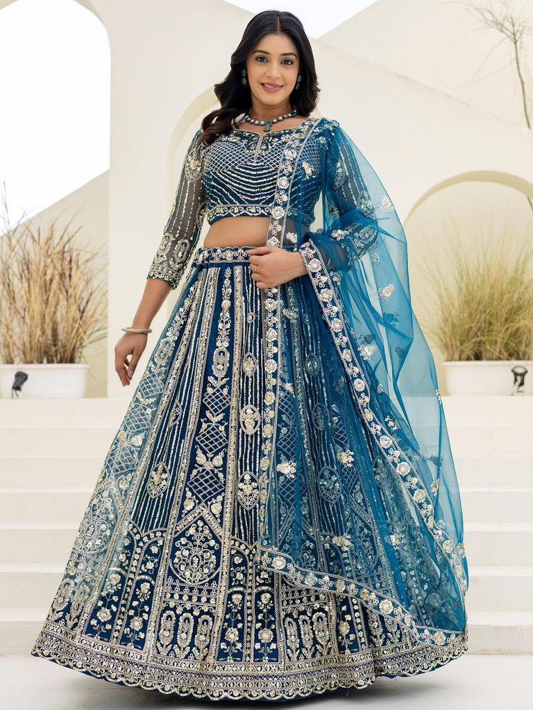 Amazing Blue Sequins Embroidered Net Party Wear Lehenga Choli
