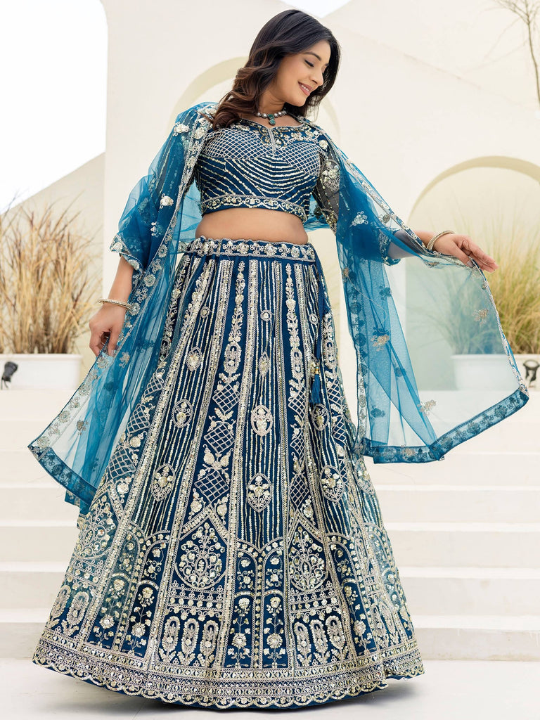 Amazing Blue Sequins Embroidered Net Party Wear Lehenga Choli