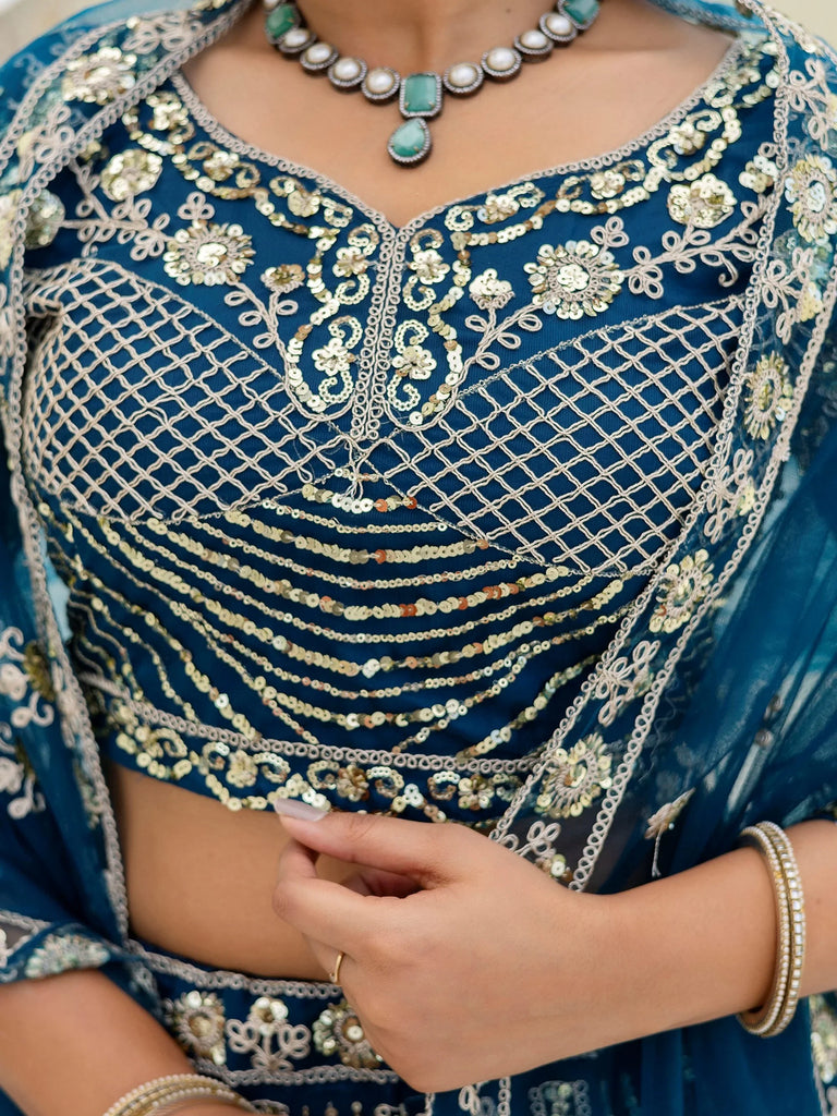 Amazing Blue Sequins Embroidered Net Party Wear Lehenga Choli