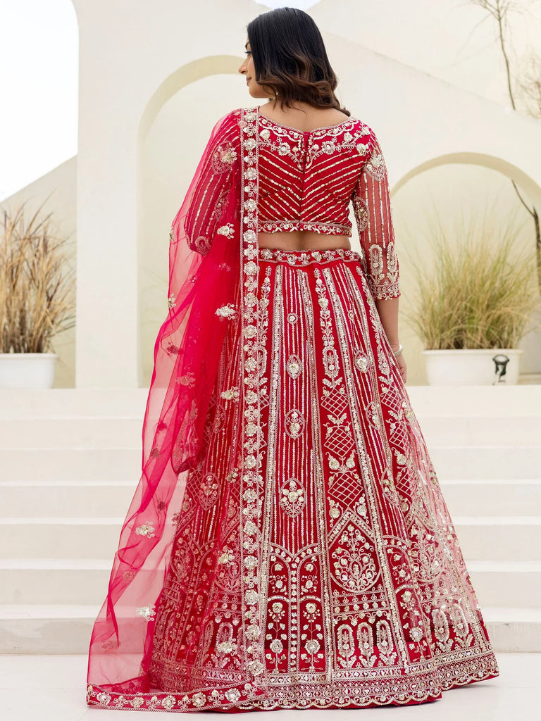 Charming Red Sequins Embroidered Net Reception Wear Lehenga Choli