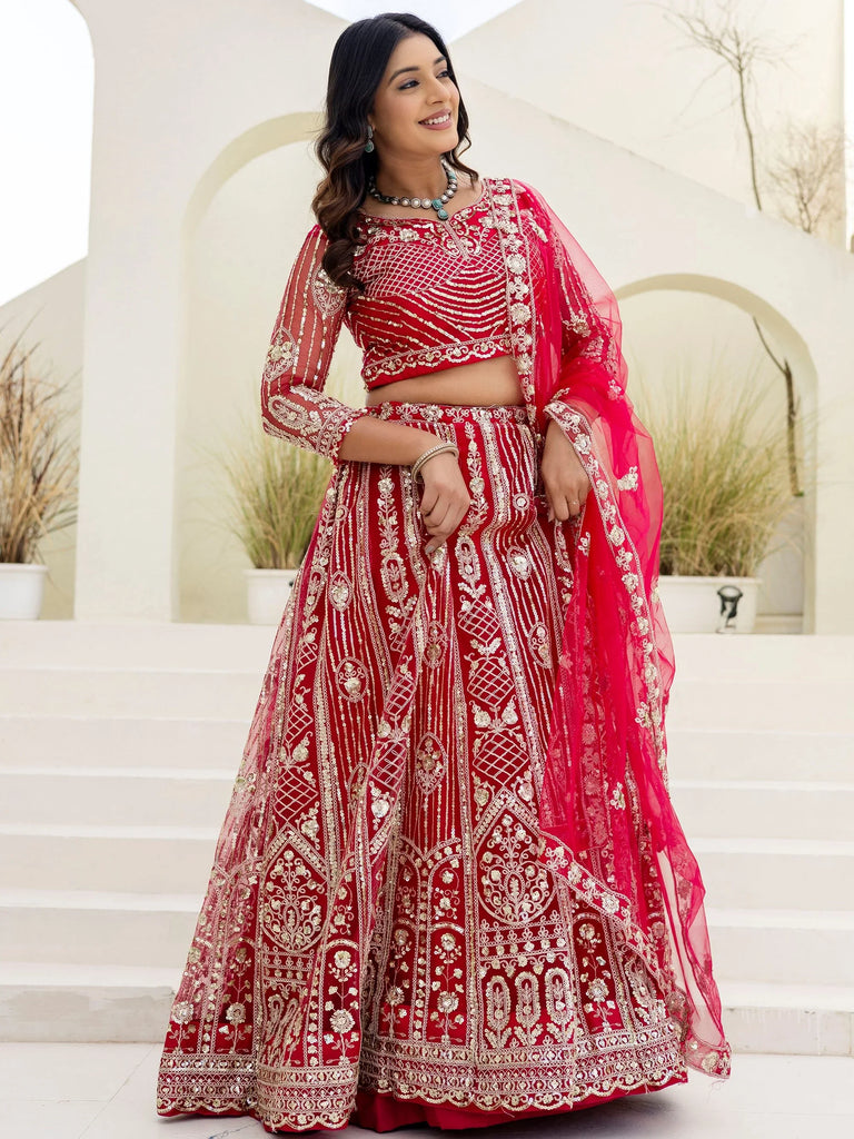 Charming Red Sequins Embroidered Net Reception Wear Lehenga Choli
