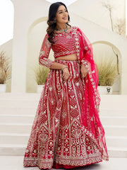 Charming Red Sequins Embroidered Net Reception Wear Lehenga Choli