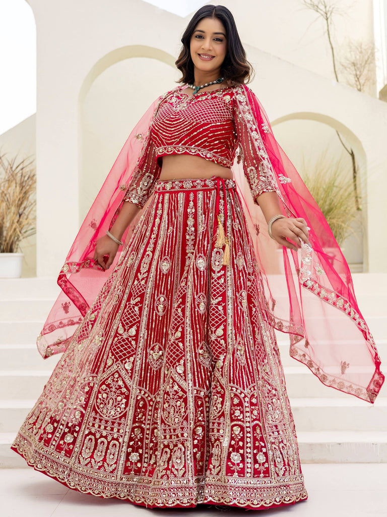 Charming Red Sequins Embroidered Net Reception Wear Lehenga Choli