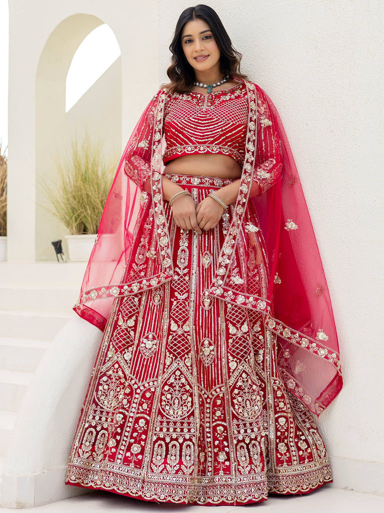 Charming Red Sequins Embroidered Net Reception Wear Lehenga Choli