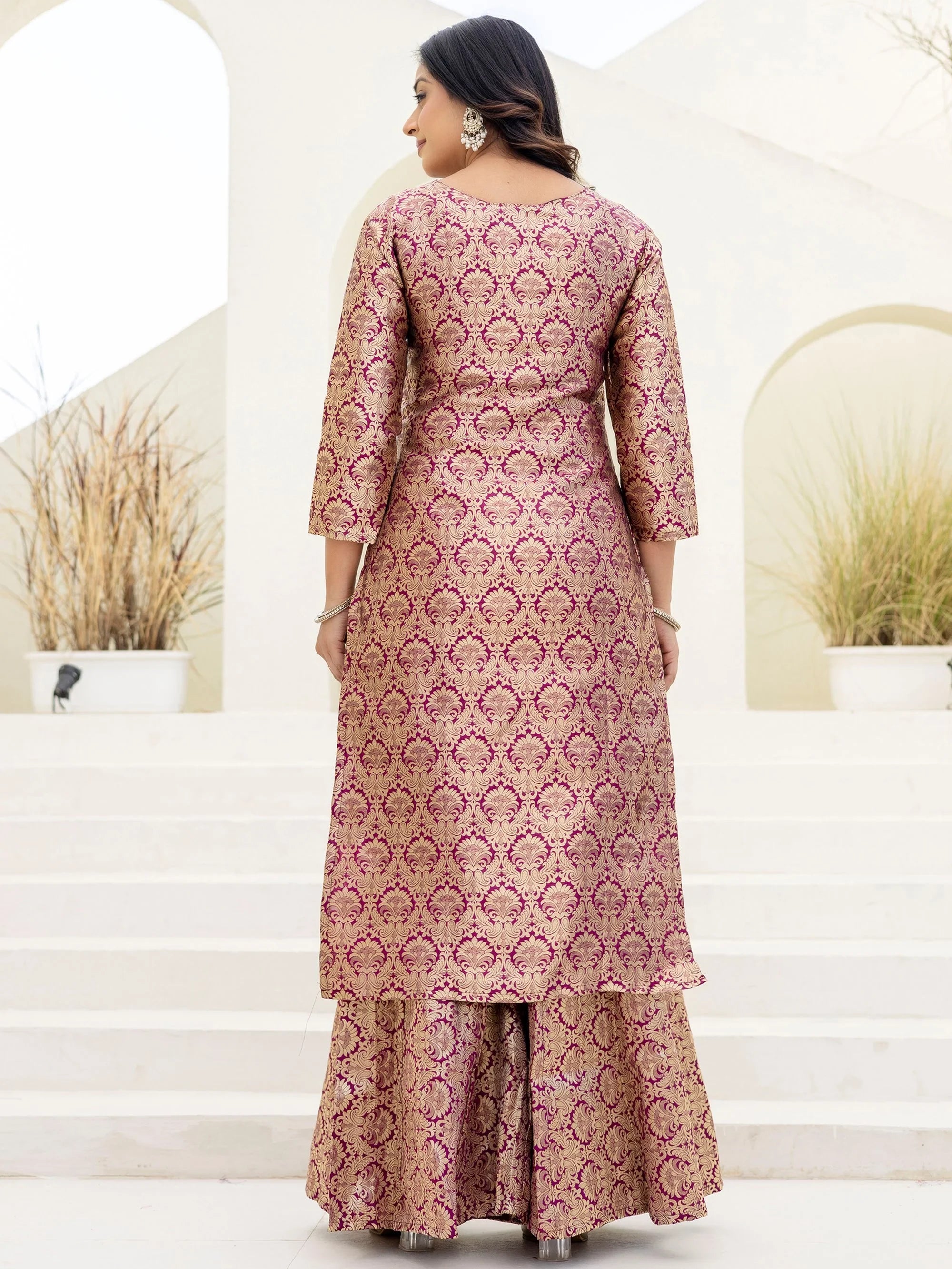 Captivating Purple Zari Weaving Jacquard Festive Wear Palazzo Suit