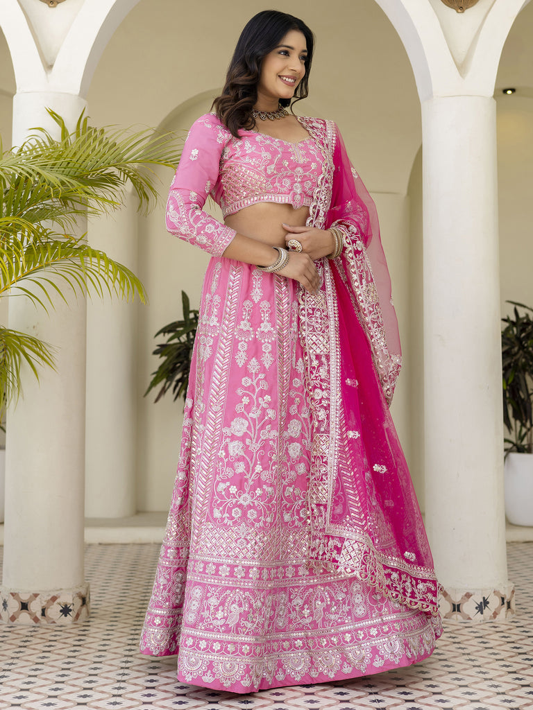 Graceful Pink Coding Embroidery Crepe Engagement Wear Lehenga Choli