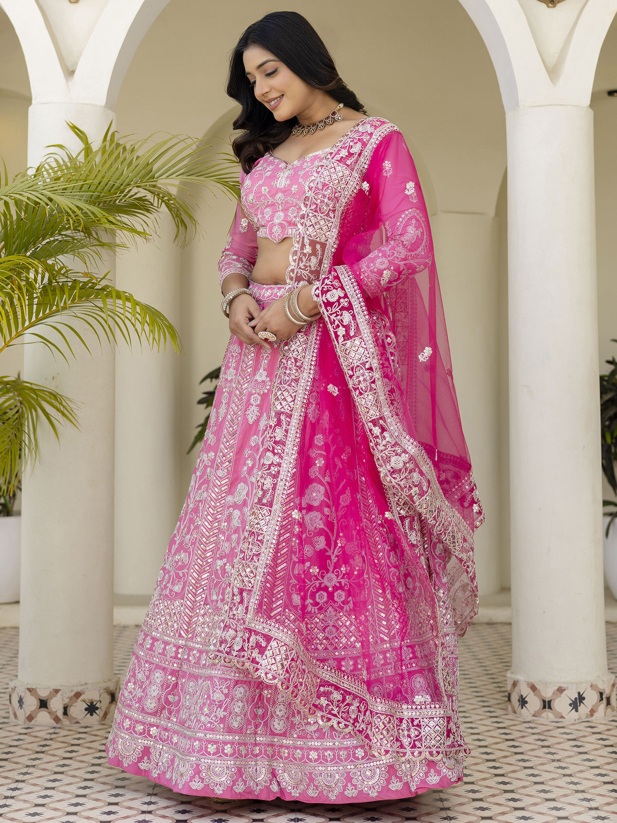 Graceful Pink Coding Embroidery Crepe Engagement Wear Lehenga Choli