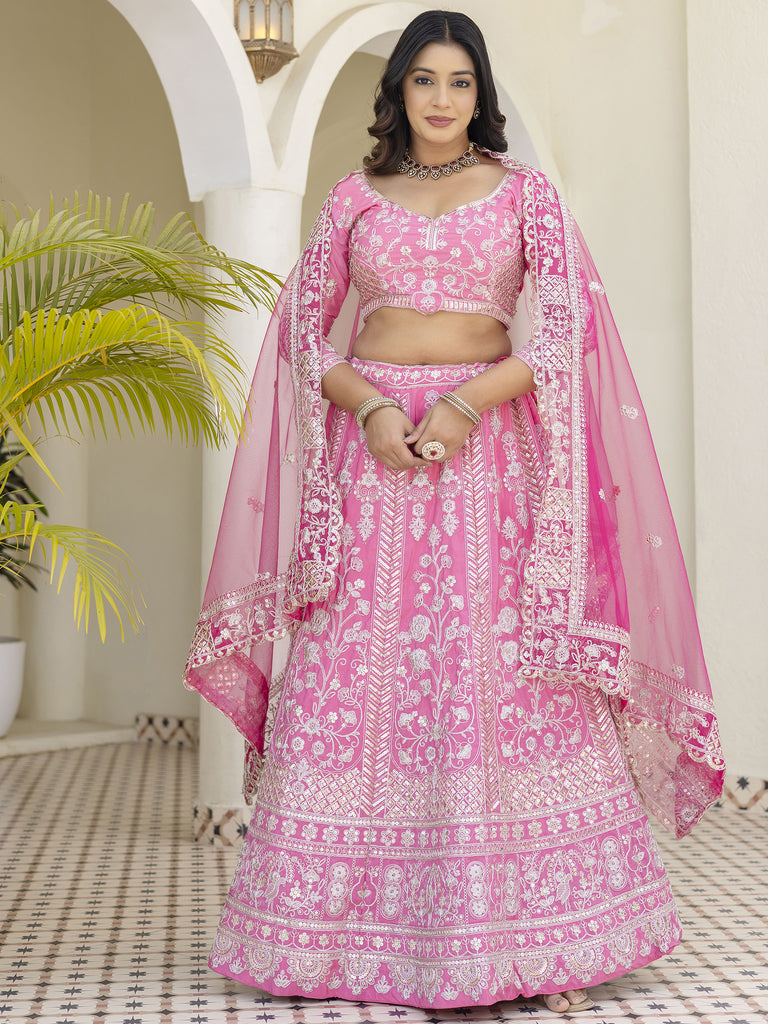 Graceful Pink Coding Embroidery Crepe Engagement Wear Lehenga Choli