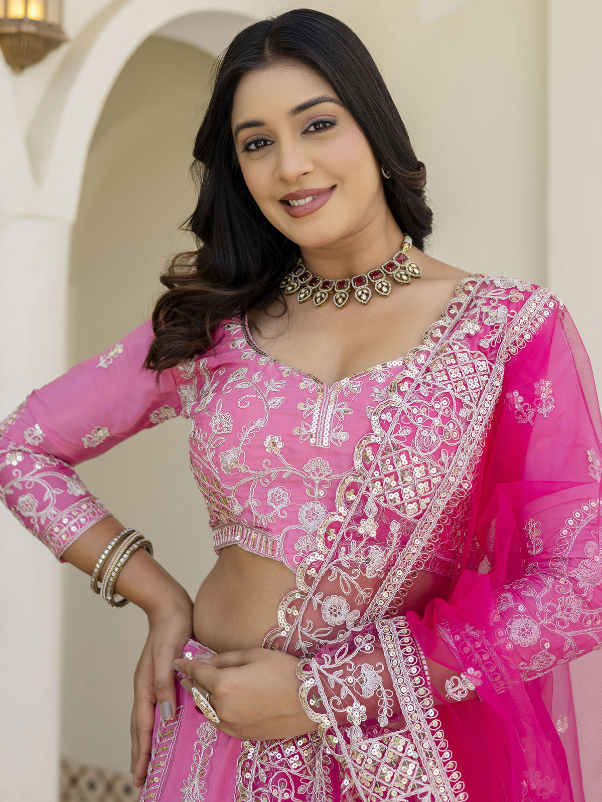 Graceful Pink Coding Embroidery Crepe Engagement Wear Lehenga Choli