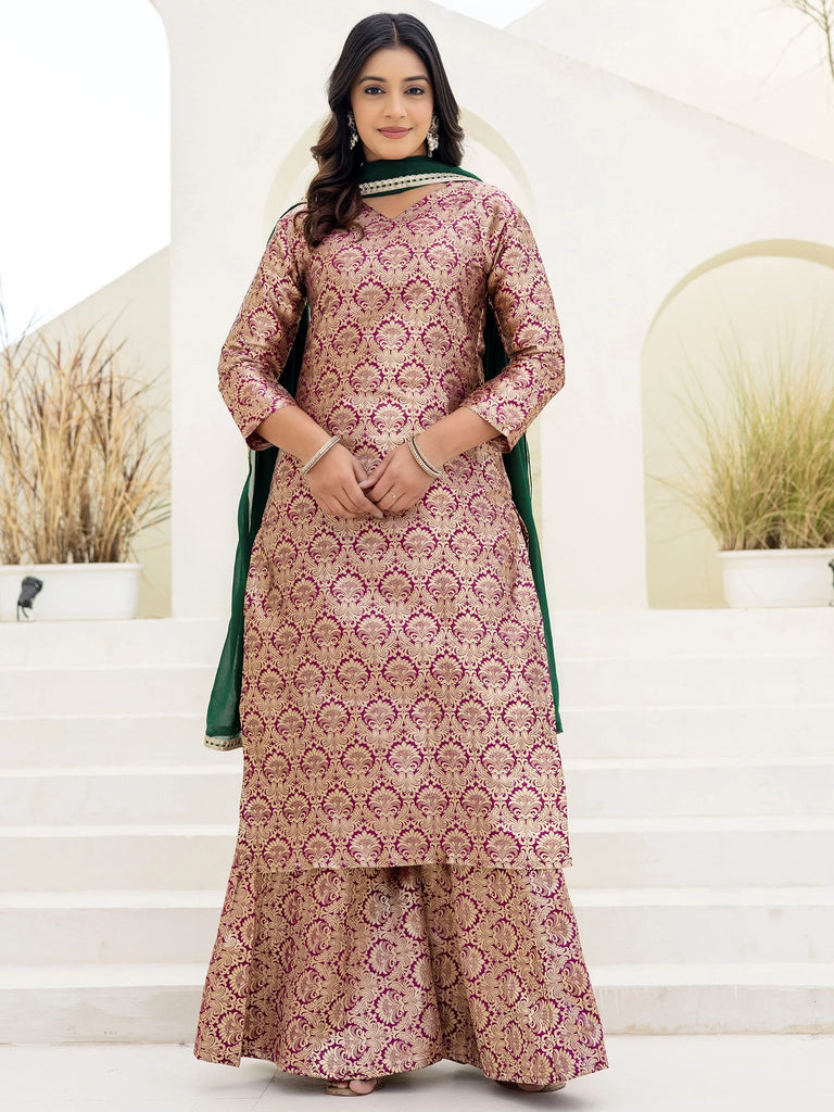 Captivating Purple Zari Weaving Jacquard Festive Wear Palazzo Suit