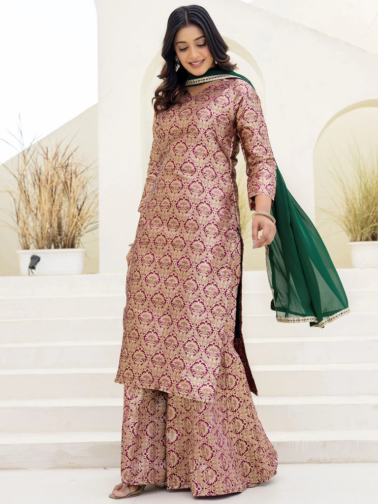 Captivating Purple Zari Weaving Jacquard Festive Wear Palazzo Suit