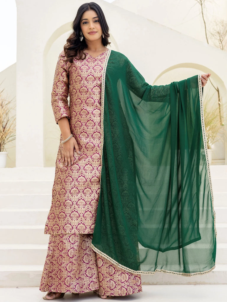 Captivating Purple Zari Weaving Jacquard Festive Wear Palazzo Suit