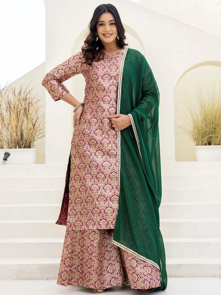 Captivating Purple Zari Weaving Jacquard Festive Wear Palazzo Suit