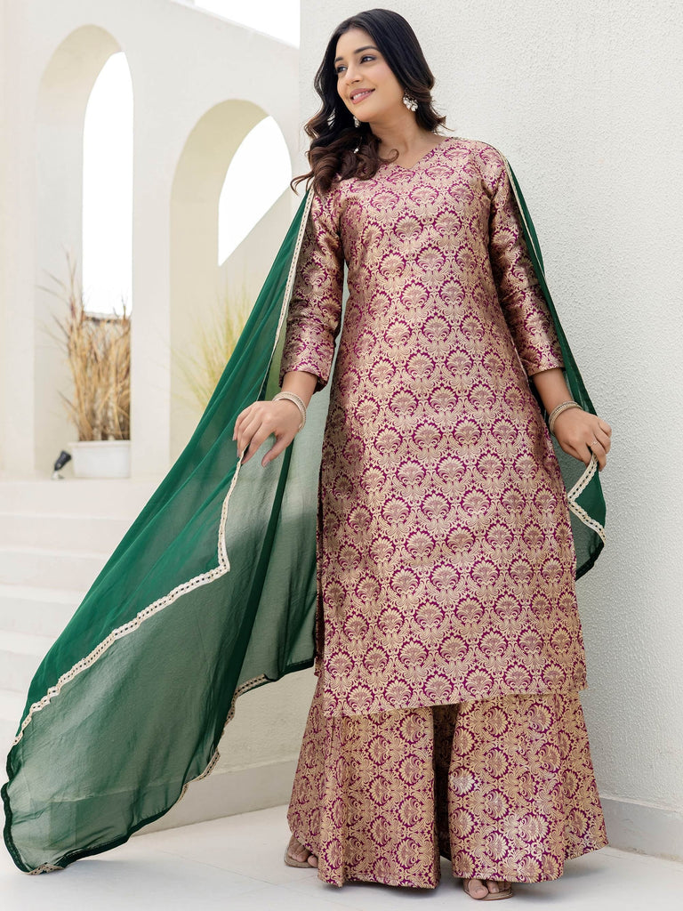 Captivating Purple Zari Weaving Jacquard Festive Wear Palazzo Suit
