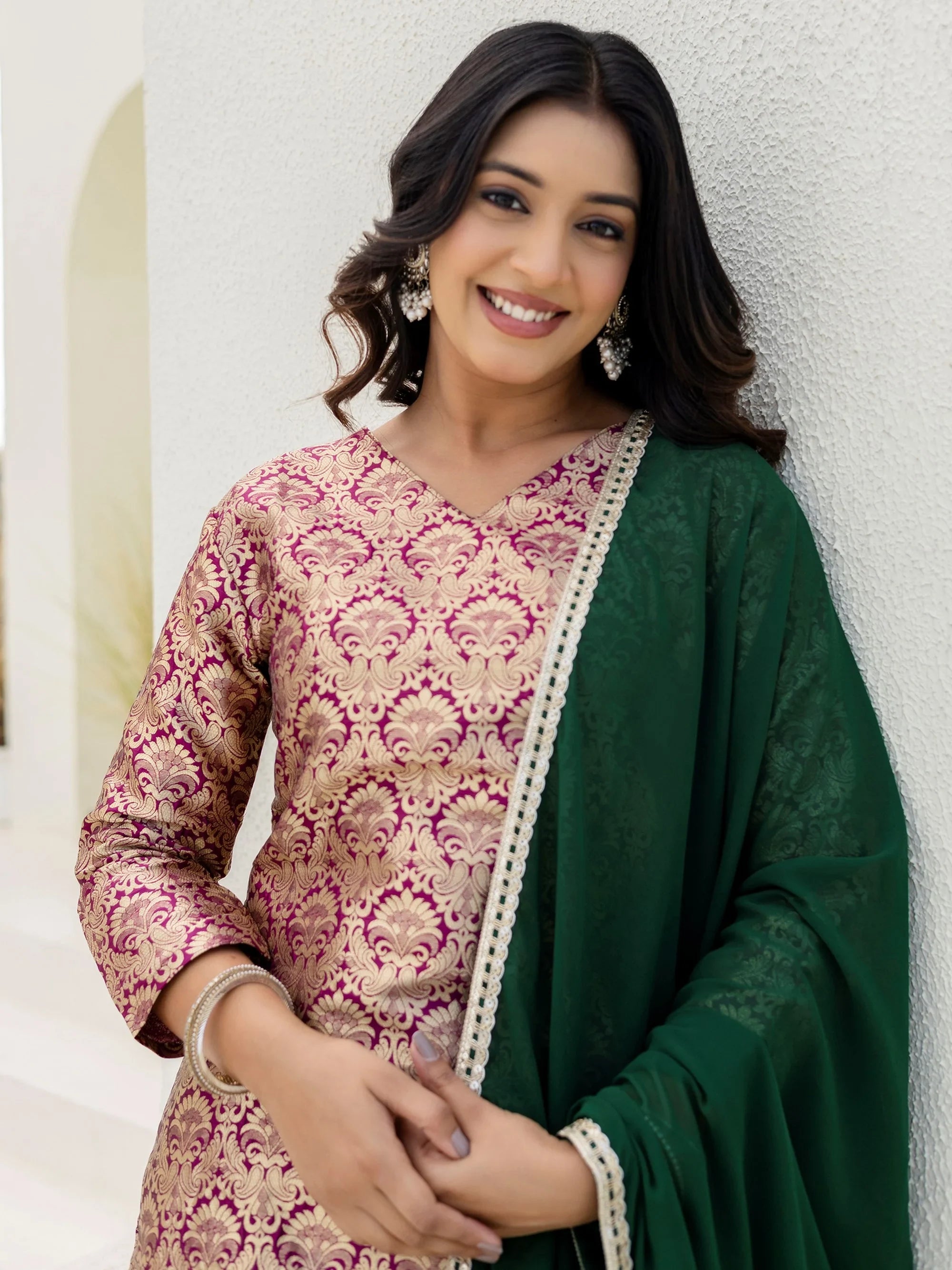 Captivating Purple Zari Weaving Jacquard Festive Wear Palazzo Suit