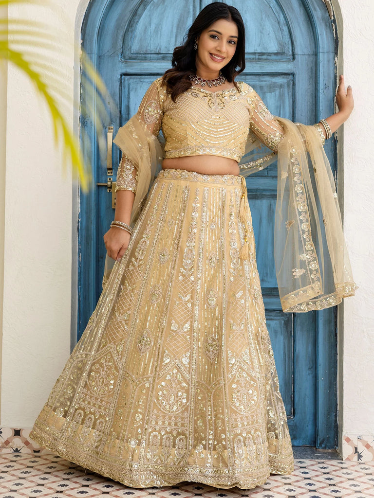Stylish Cream Sequins Embroidered Net Wedding Wear Lehenga Chol