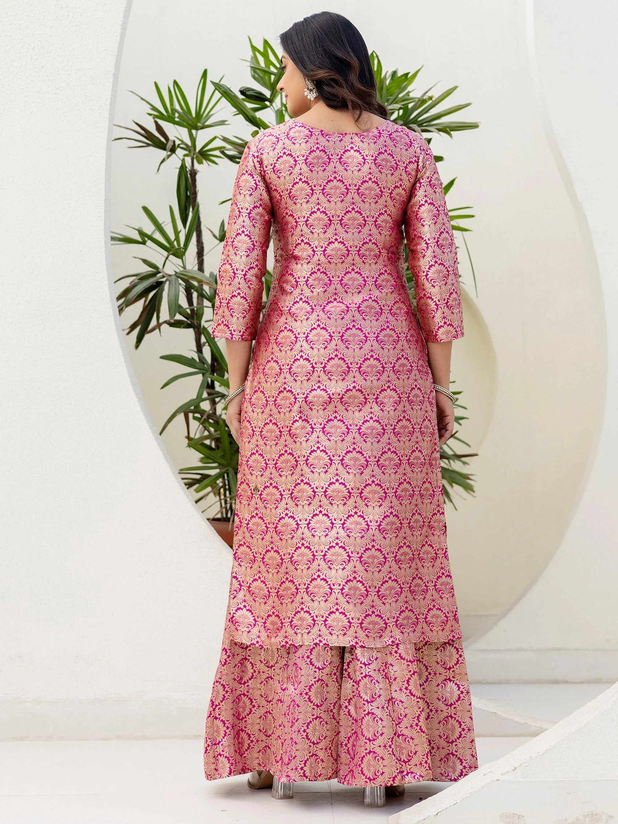Glowing Pink Zari Weaving Jacquard Function Wear Palazzo Suit