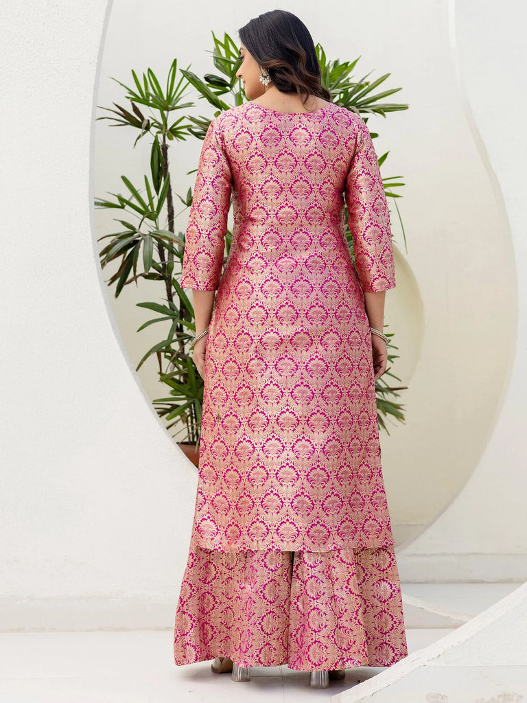 Glowing Pink Zari Weaving Jacquard Function Wear Palazzo Suit
