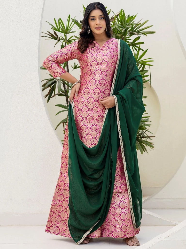 Glowing Pink Zari Weaving Jacquard Function Wear Palazzo Suit