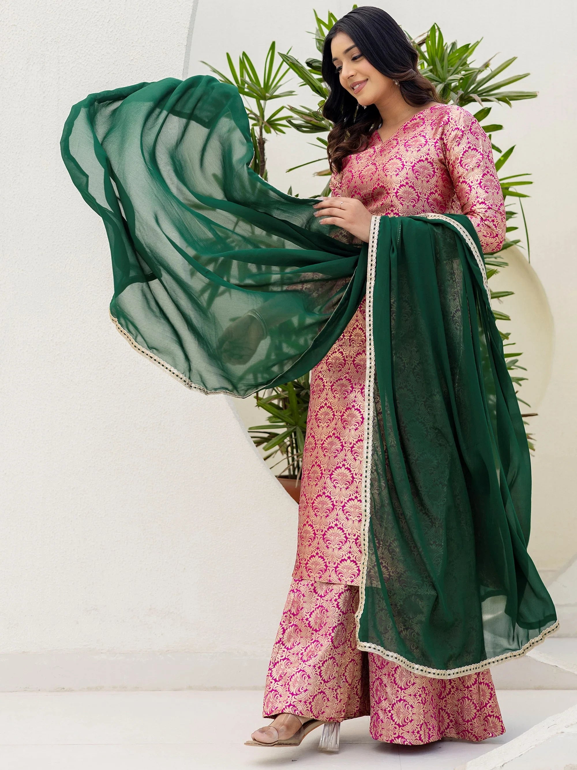 Glowing Pink Zari Weaving Jacquard Function Wear Palazzo Suit