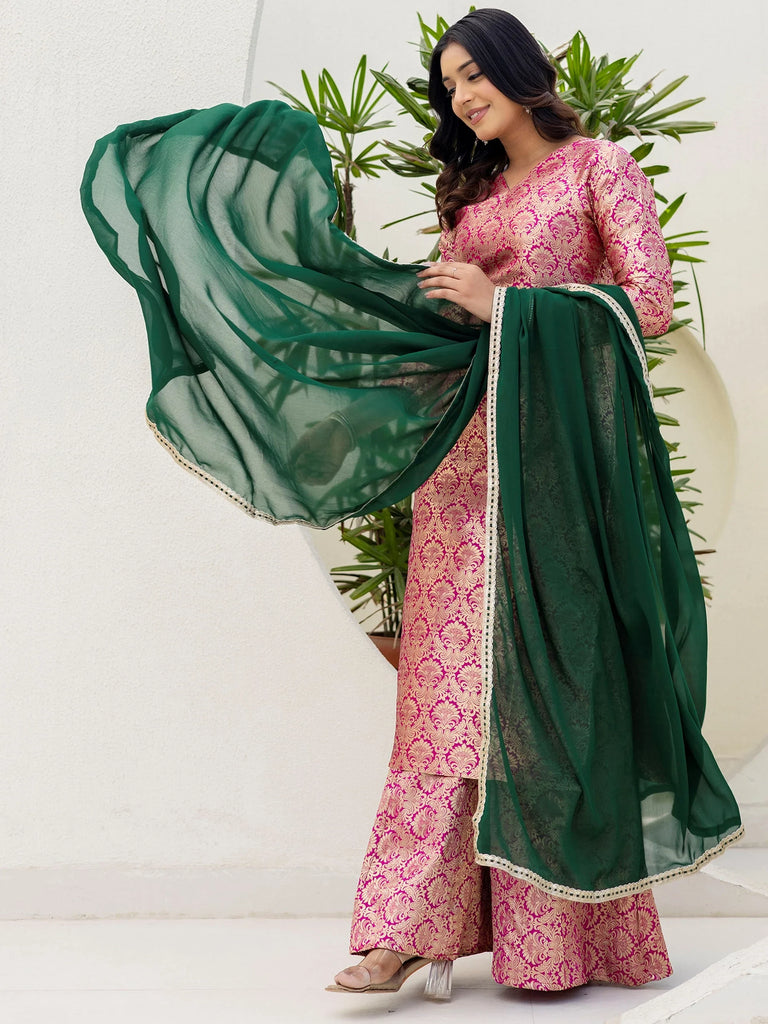 Glowing Pink Zari Weaving Jacquard Function Wear Palazzo Suit