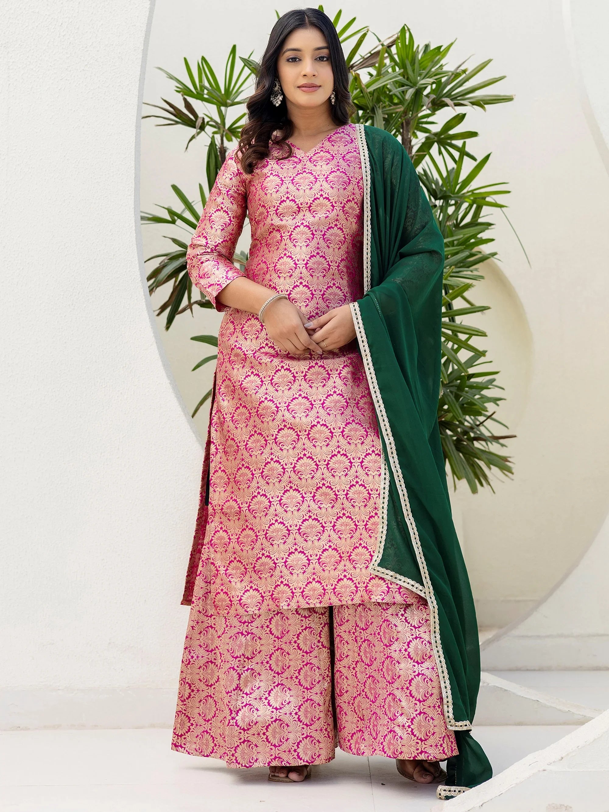 Glowing Pink Zari Weaving Jacquard Function Wear Palazzo Suit