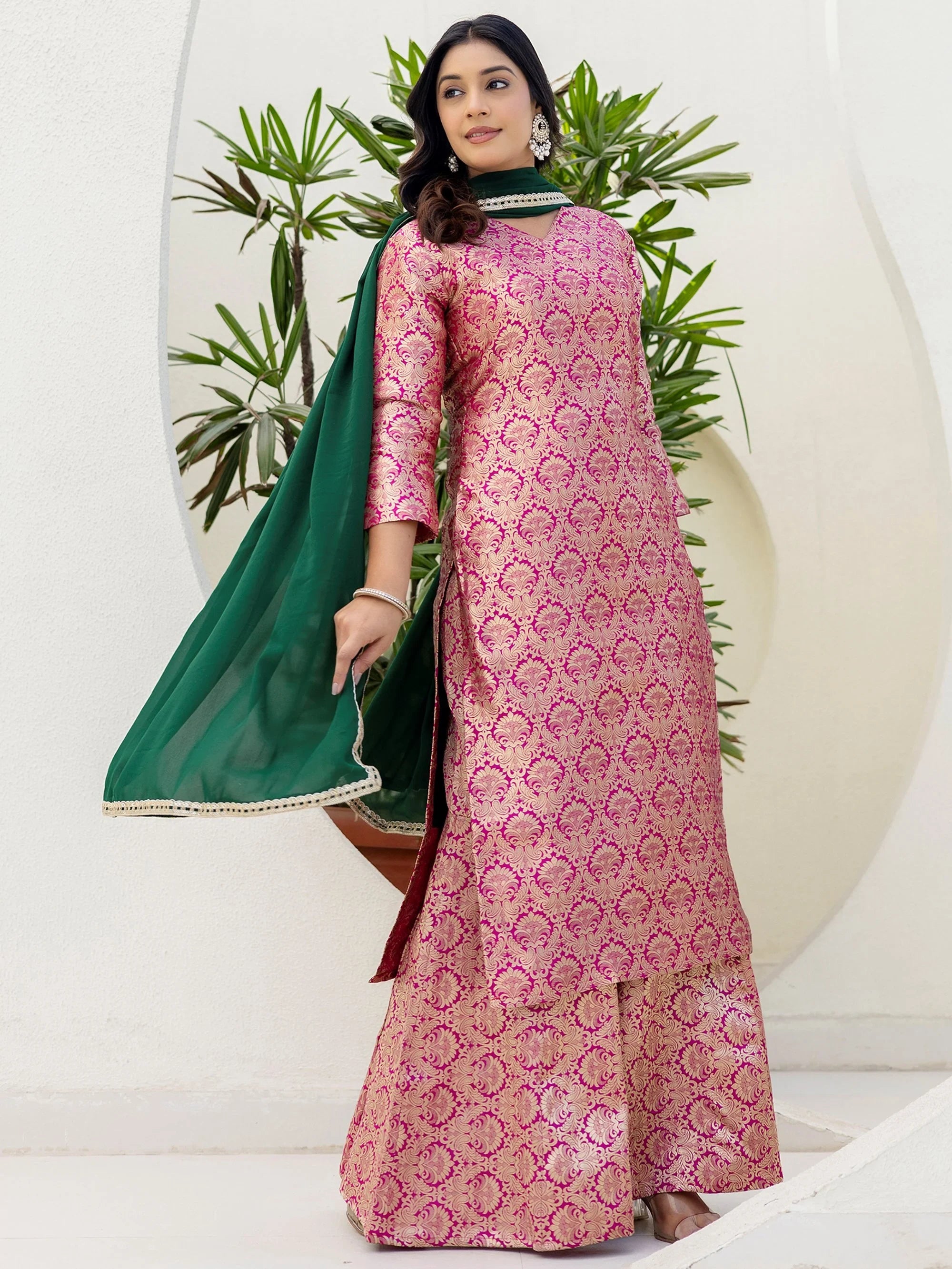 Glowing Pink Zari Weaving Jacquard Function Wear Palazzo Suit